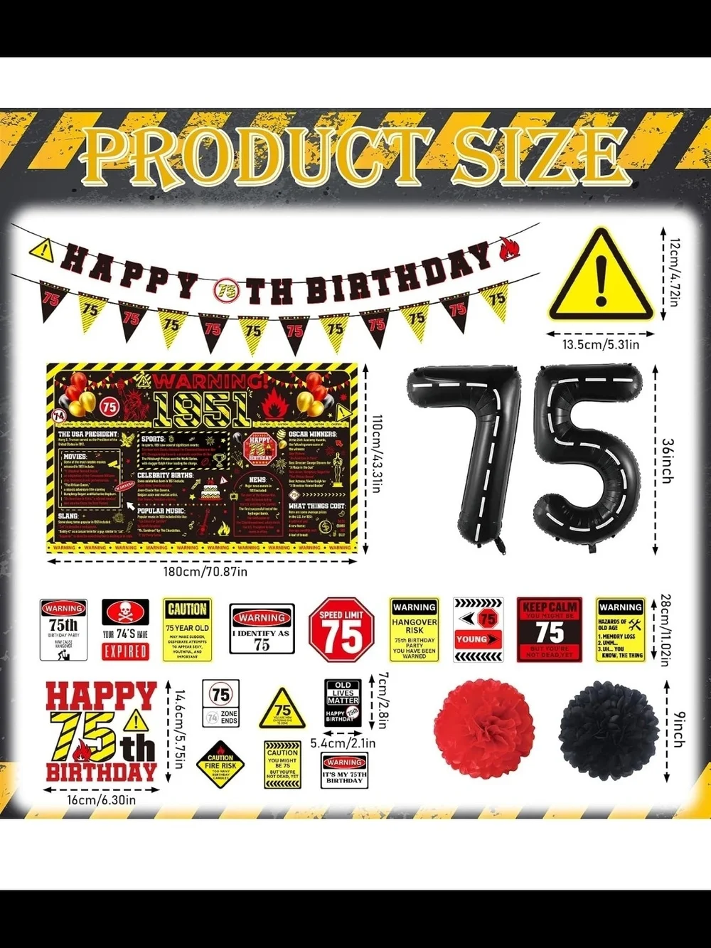 75th Birthday Decorations for Men Women, 33PCS Caution Themed 75th Birthday Part